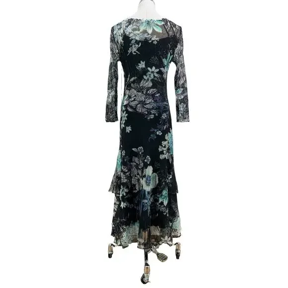 Komarov Sheer Pleated Long Sleeve Tiered Dress Watercolor Floral Green Black